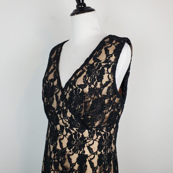 Newport News Dress Floral Lace Mesh Midi Cocktail Formal Romantic Black Cream - Picture 4 of 13